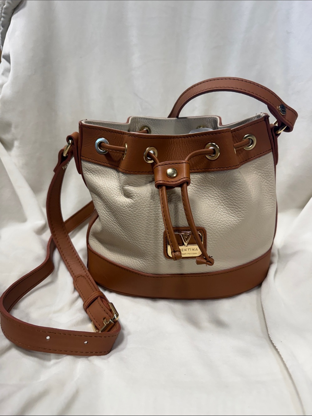 Valentina Cream and Tan Bucket Bag by - Convertible Crossbody